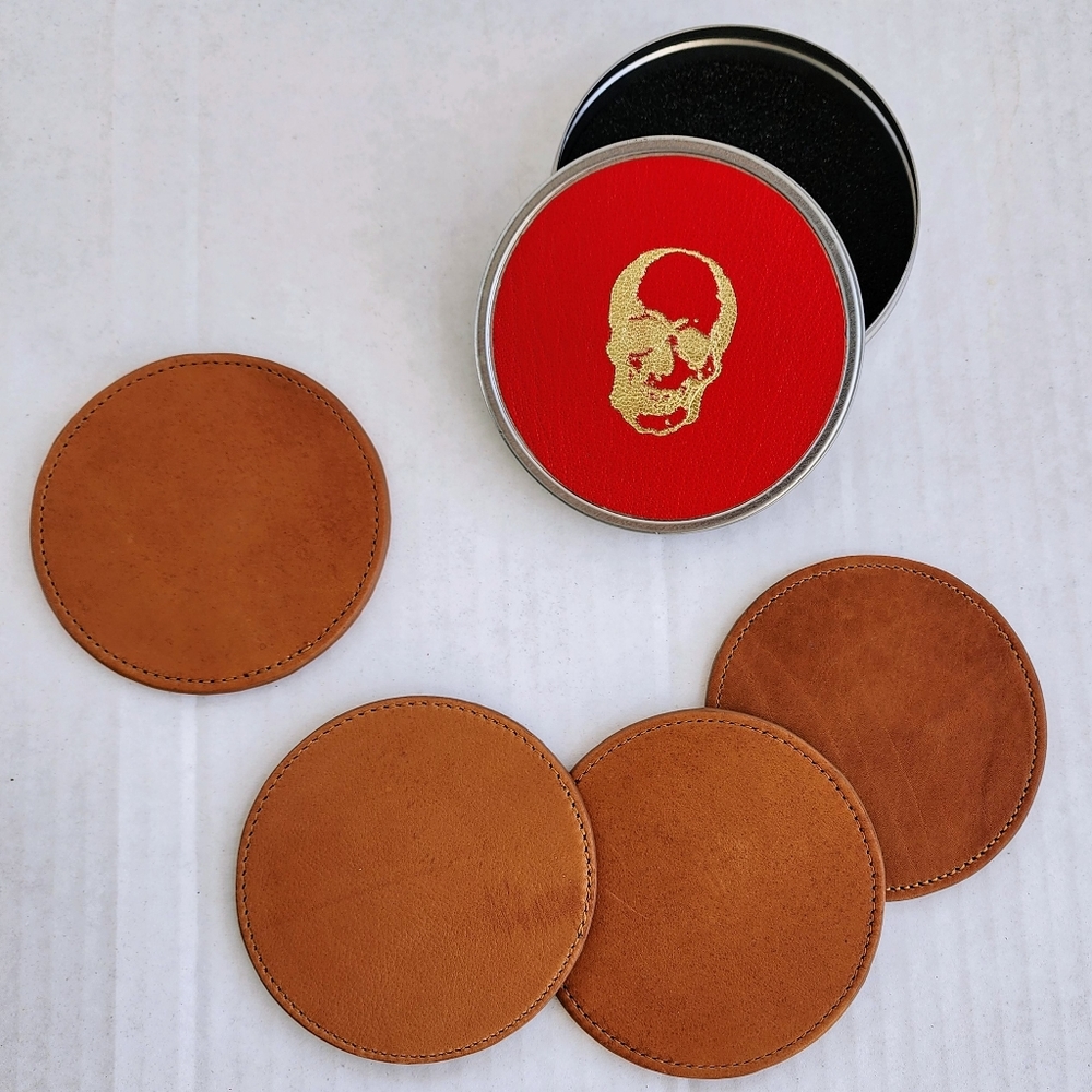 Gigi New York 4 Brown Leather Coasters & Red Croc Embossed Gold Skeleton Tin Box
